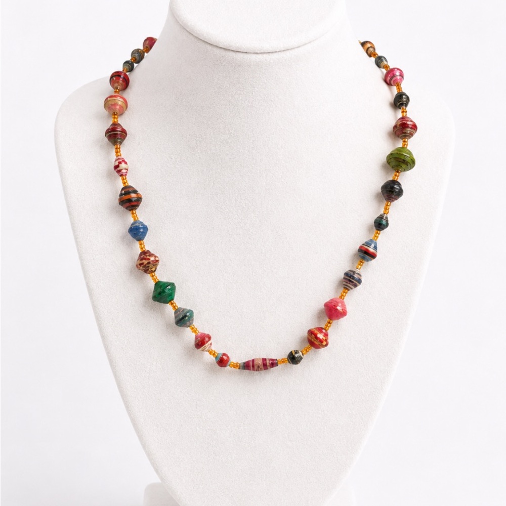 Colorful Multicolor Artisan Beaded Necklace with Orange Seed & Paper Beads